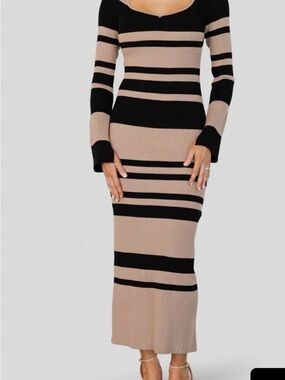 Baltic Born Striped Knit Bodycon Midi Dress - Black & Beige